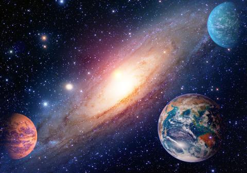 Space scene with the galaxy and planets